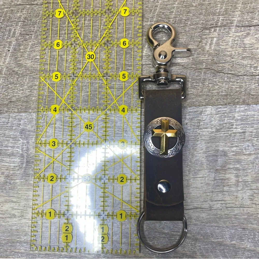 Trigger snap keychain brown rustic leather cross silver/gold toned circle